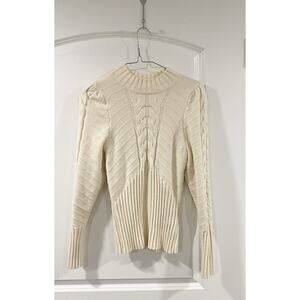 Marled Cream Cable Knit Mock Neck Sweater M Cozy Chunky Ribbed Winter Pullover